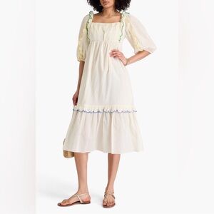 Farm Rio Texture Midi Dress Off White Ruffles Square Neckline Puff Sleeve XS